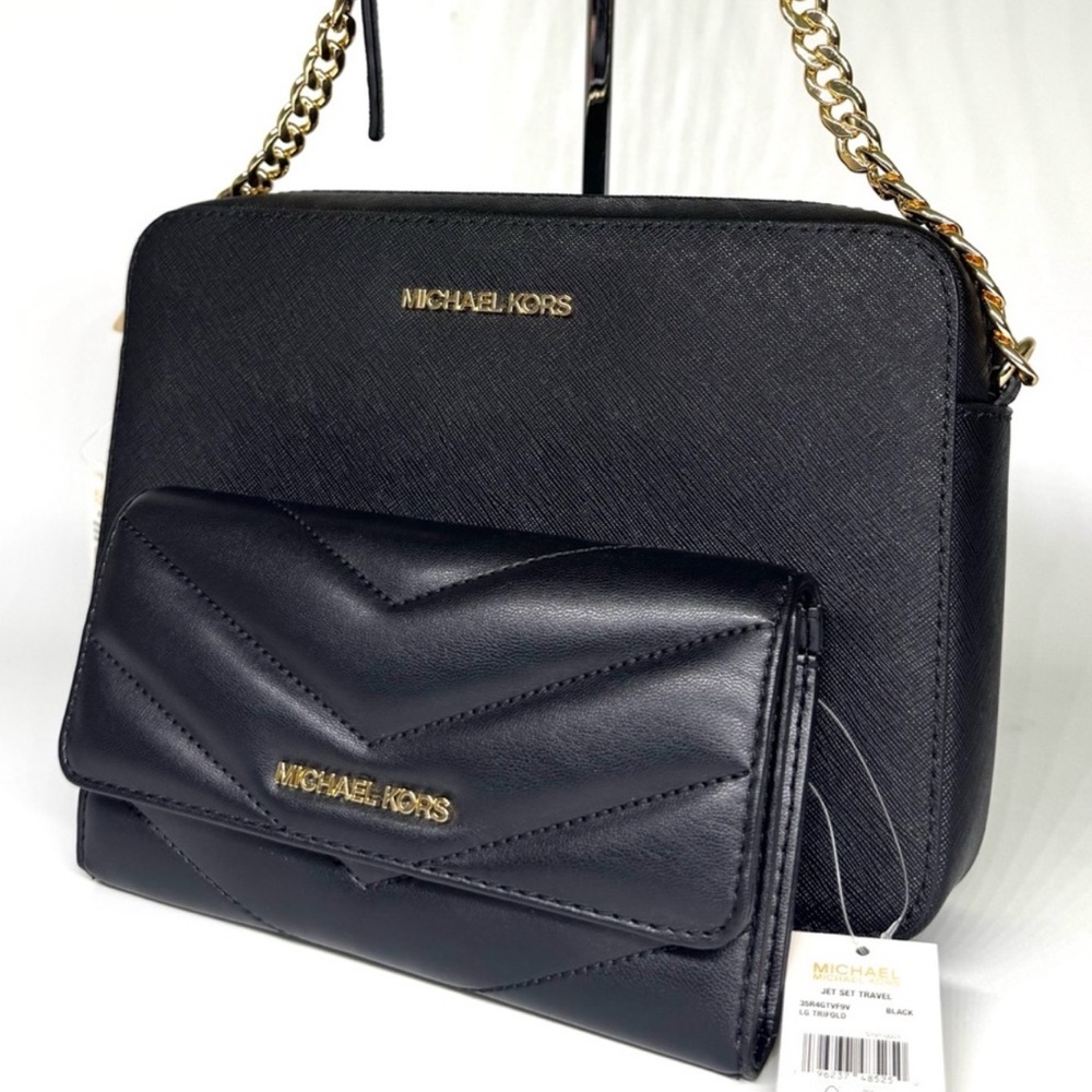 Michael Kors Large Logo Crossbody Bag & Matching Quilted Trifold Wallet Black